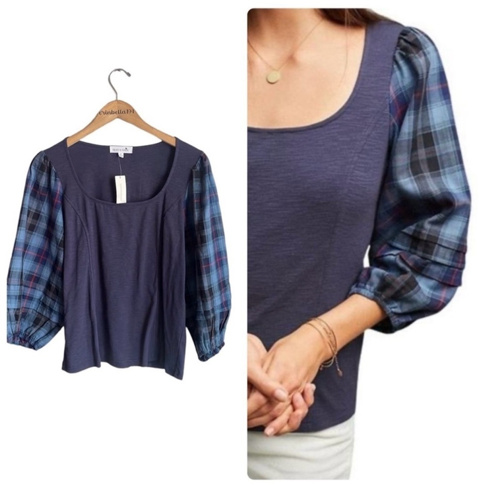 Anthropologie Reath & Wren blue plaid peasant top